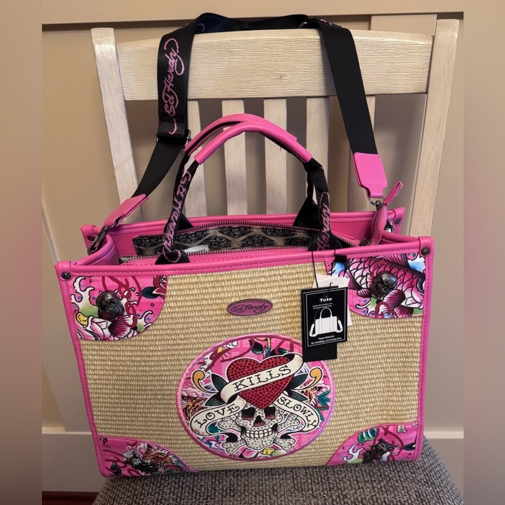 Ed Hardy Love Kills Slowly Straw Tote Bag Skull Rhinestone Tattoo Art Vegan NEW
